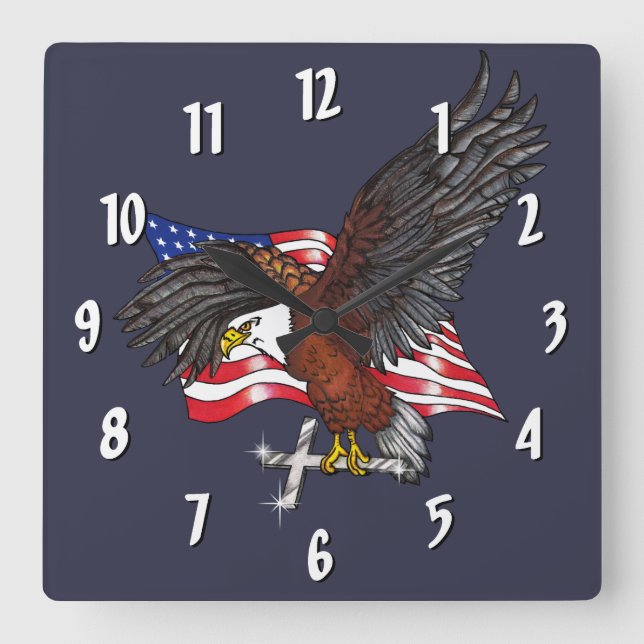 Amerikaner Eagle mit Kreuz Quadratische Wanduhr (Vorderseite)