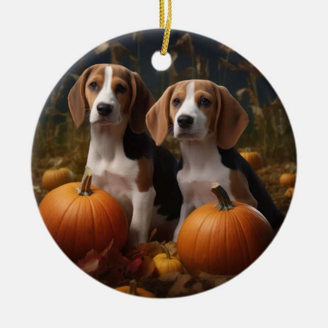 Amerikanisch-englischer Foxhound Welpen Herbst Fre Keramik Ornament (Vorne)