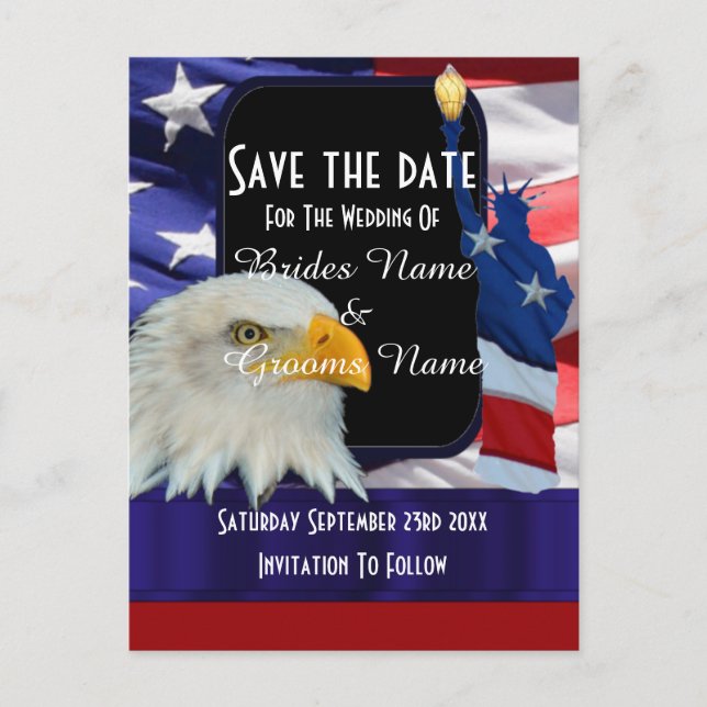 Amerikanische Adler und Fahne Save the Date Ankündigungspostkarte (Vorderseite)
