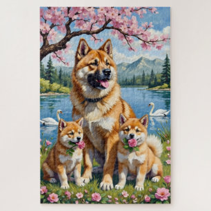 Amerikanische Akita-Familienwiese-Kunst