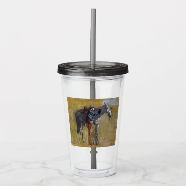 Amerikanische Badlands: Alter Westjunge mit Pferd Acryltrinkbecher (Vorderseite)