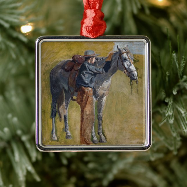 Amerikanische Badlands: Alter Westjunge mit Pferd Ornament Aus Metall (Baum)