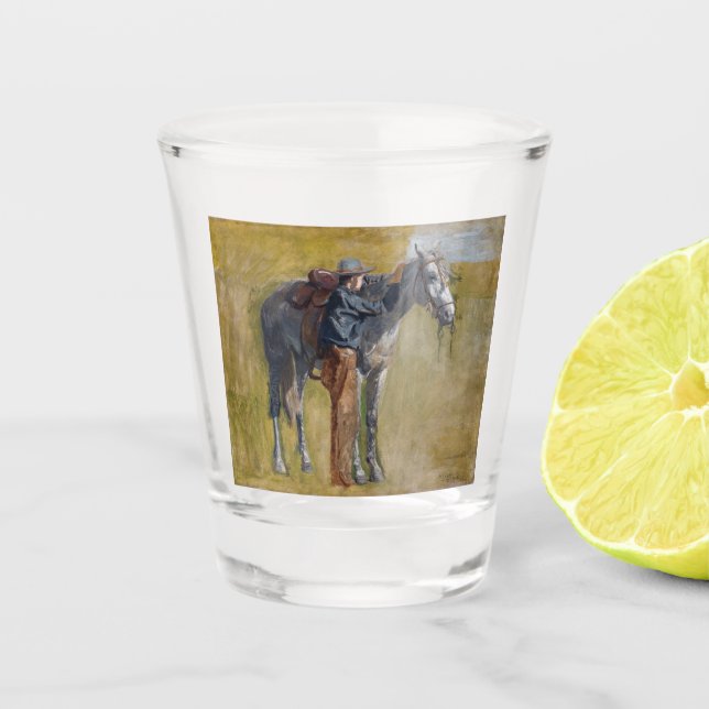 Amerikanische Badlands: Alter Westjunge mit Pferd Schnapsglas (Vorderseite)