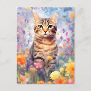 Amerikanische Drahthaarterrier Katze farbige Aquar Postkarte