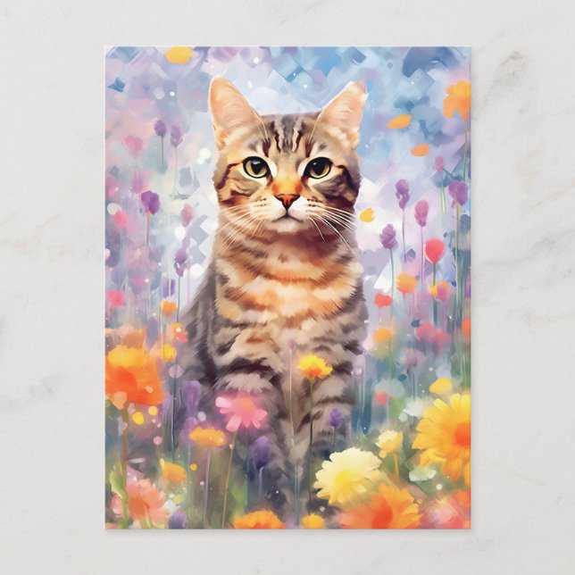 Amerikanische Drahthaarterrier Katze farbige Aquar Postkarte (Vorderseite)
