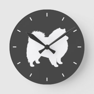 Amerikanische Eskimo-Hund-Silhouette Runde Wanduhr