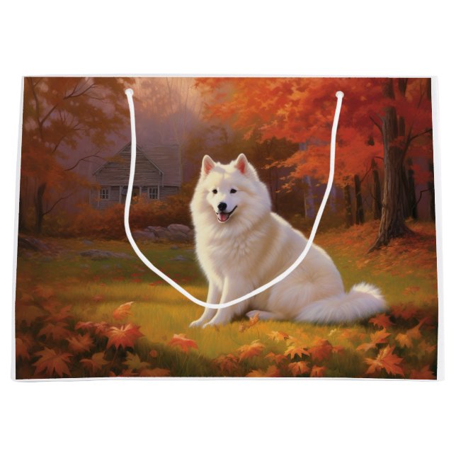 Amerikanische Eskimo im Herbst Leaves Fall Inspiri Große Geschenktüte (Vorderseite)