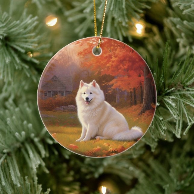 Amerikanische Eskimo im Herbst Leaves Fall Inspiri Keramik Ornament (Baum)