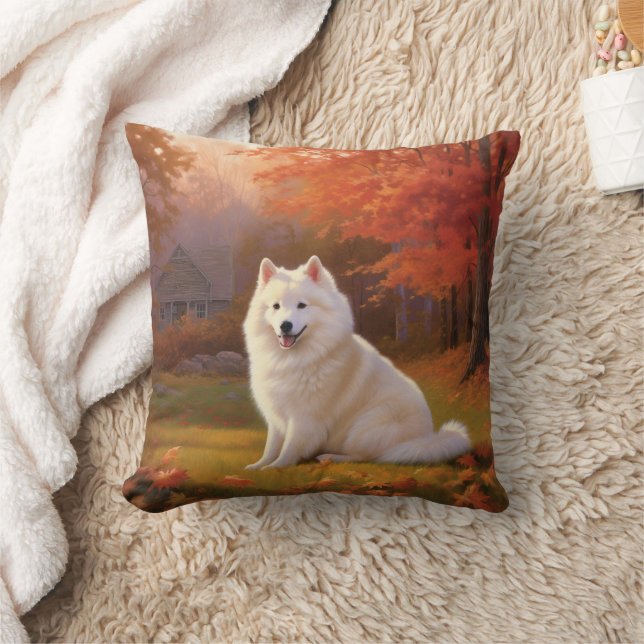 Amerikanische Eskimo im Herbst Leaves Fall Inspiri Kissen (Decke)