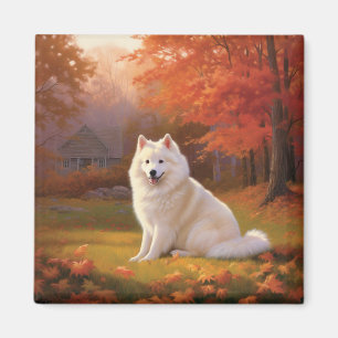 Amerikanische Eskimo im Herbst Leaves Fall Inspiri Magnet