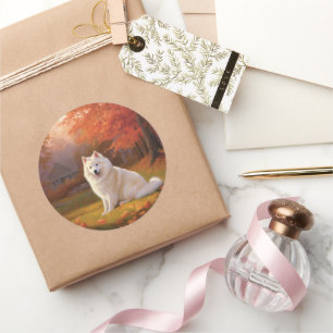 Amerikanische Eskimo im Herbst Leaves Fall Inspiri Runder Aufkleber