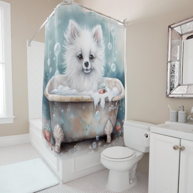 Amerikanische Eskimo in der Badewanne Wasserfarben Duschvorhang (Beispiel)