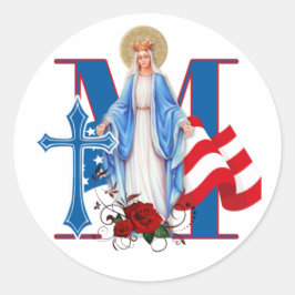 AMERIKANISCHE FLAG-JUNGFRAU MARY RELIGIÖSE ROSE RUNDER AUFKLEBER