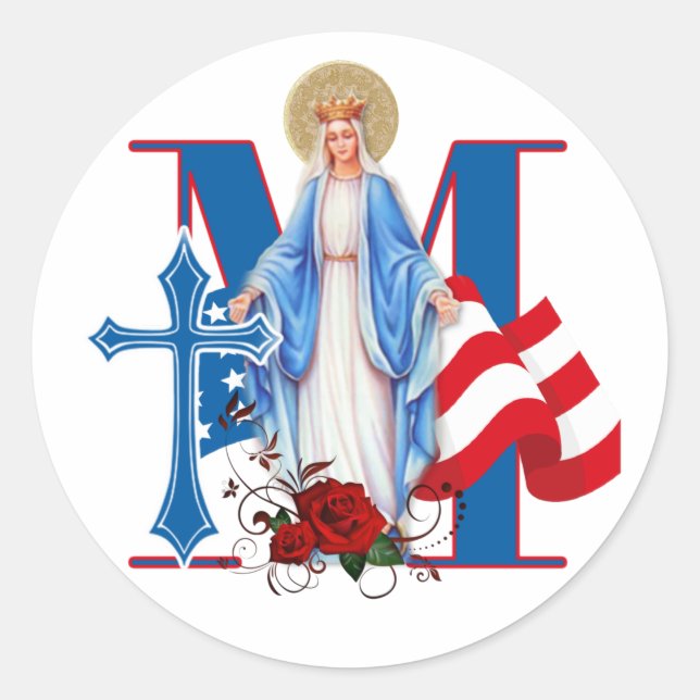 AMERIKANISCHE FLAG-JUNGFRAU MARY RELIGIÖSE ROSE RUNDER AUFKLEBER (Vorderseite)