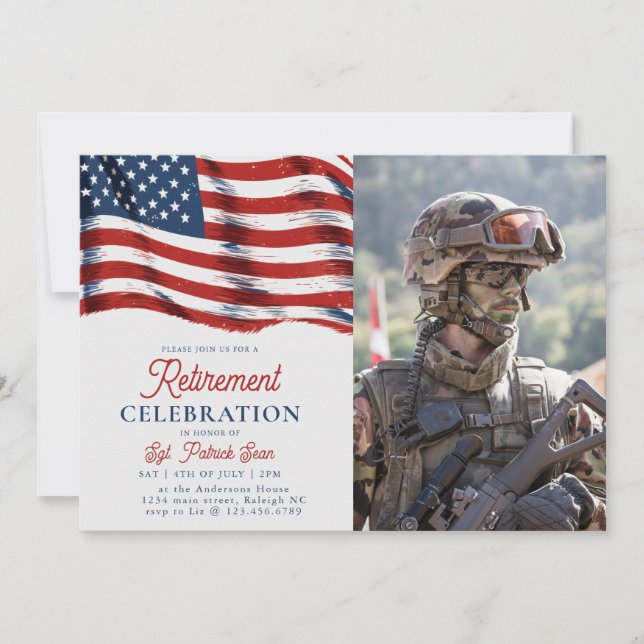 Amerikanische Flagge 4. Juli Army Foto Rentirement Einladung (Vorderseite)