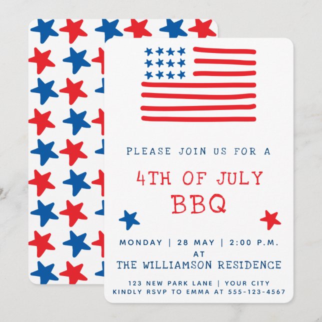 Amerikanische Flagge | 4. Juli GRILLEN Einladung (Vorne/Hinten)