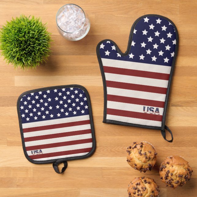 Amerikanische Flagge - amerikanisches Muster Ofenhandschuh & Topflappen-Set (Oben Unten)