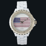 Amerikanische Flagge Armbanduhr<br><div class="desc">Die US Flag Edelstein Art. Diese Fahne der USA wird aus Fotos Edelsteinen hergestellt,  die ich in den letzten Jahren gemacht habe. Der blaue Hintergrund ist rechteckig,  blaue Saphire. Die Sterne sind dreieckige Diamanten. Die roten Streifen sind rechteckige Rubine</div>
