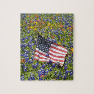 Amerikanische Flagge auf einem Feld aus blauen Moh