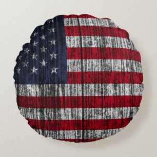 Amerikanische Flagge auf Zaunhintergrund gemalt.4. Rundes Kissen