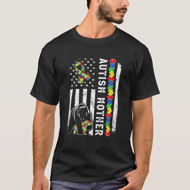 Amerikanische Flagge Autismus Mutter Bär Autistik T-Shirt (Vorderseite)