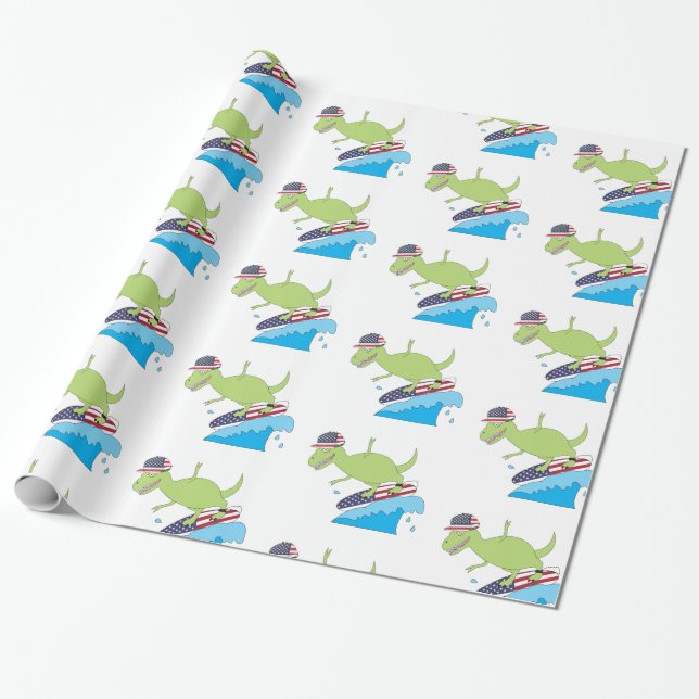 Amerikanische Flagge Dinosaurier Surfing Geschenkpapier (Ungerollt)