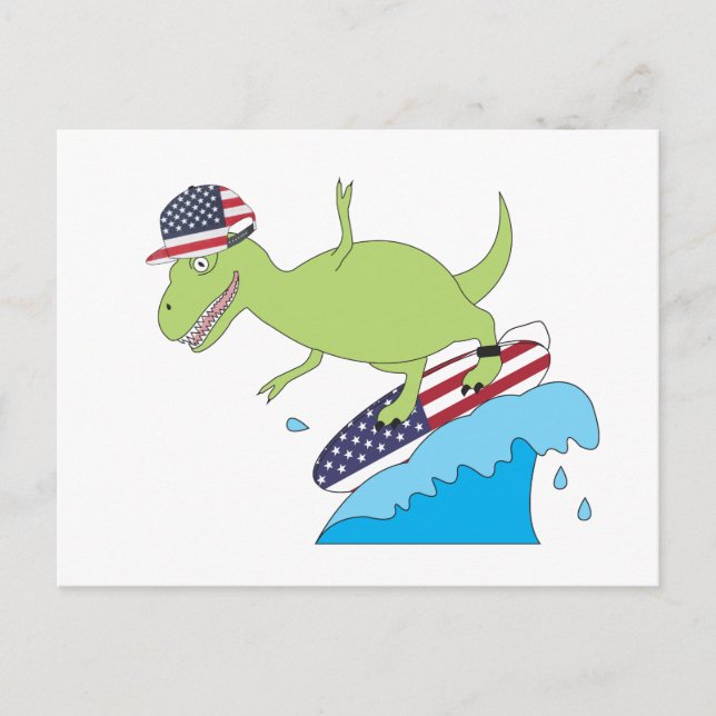 Amerikanische Flagge Dinosaurier Surfing Postkarte (Vorderseite)
