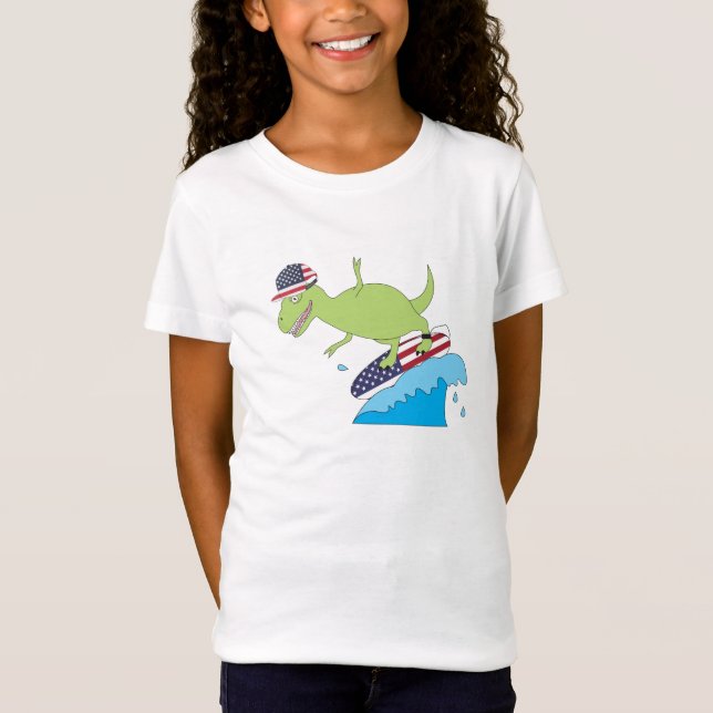 Amerikanische Flagge Dinosaurier Surfing T-Shirt (Vorderseite)