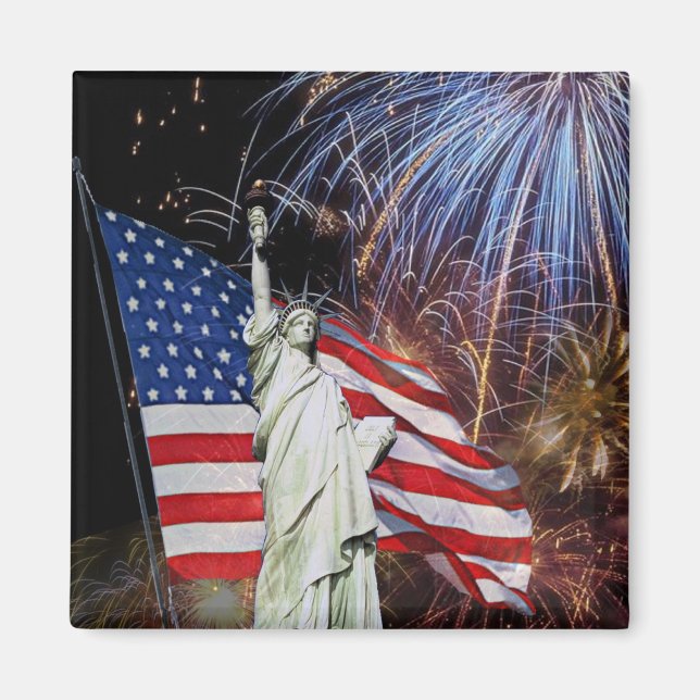 Amerikanische Flagge, Feuerwerk und Freiheitsstatu Magnet (Vorne)