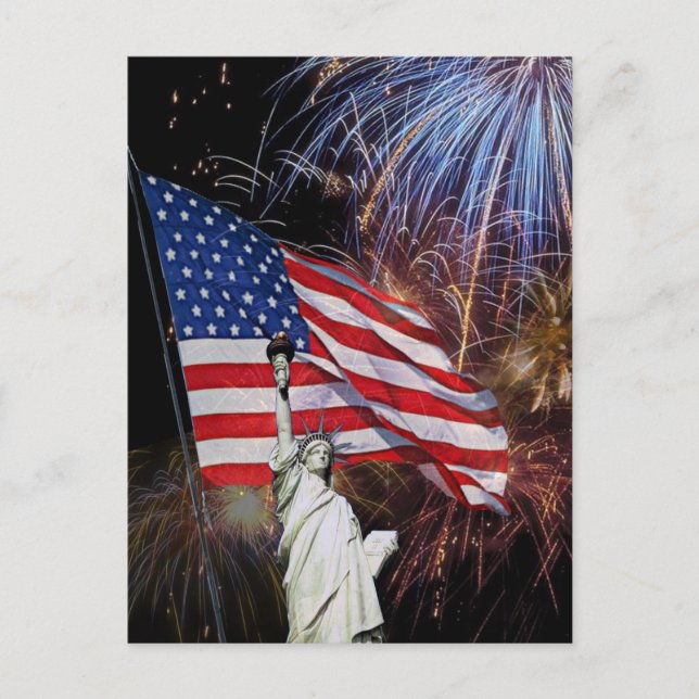 Amerikanische Flagge, Feuerwerke und Postkarte (Vorderseite)