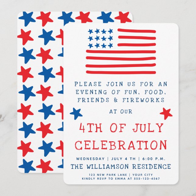 Amerikanische Flagge | Fun Style 4. Juli Party Einladung (Vorne/Hinten)