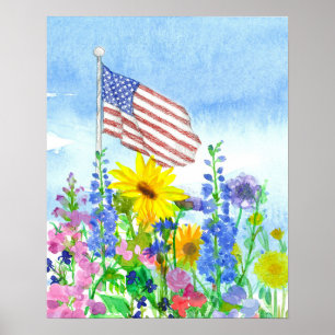 Amerikanische Flagge Garten Blumen Aquarell Himmel Poster