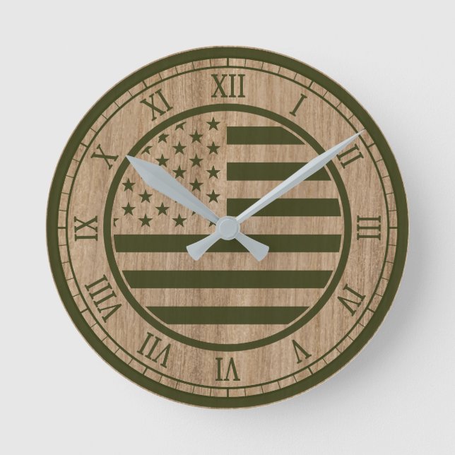 Amerikanische Flagge Grüne Armee Runde Wanduhr (Vorderseite)