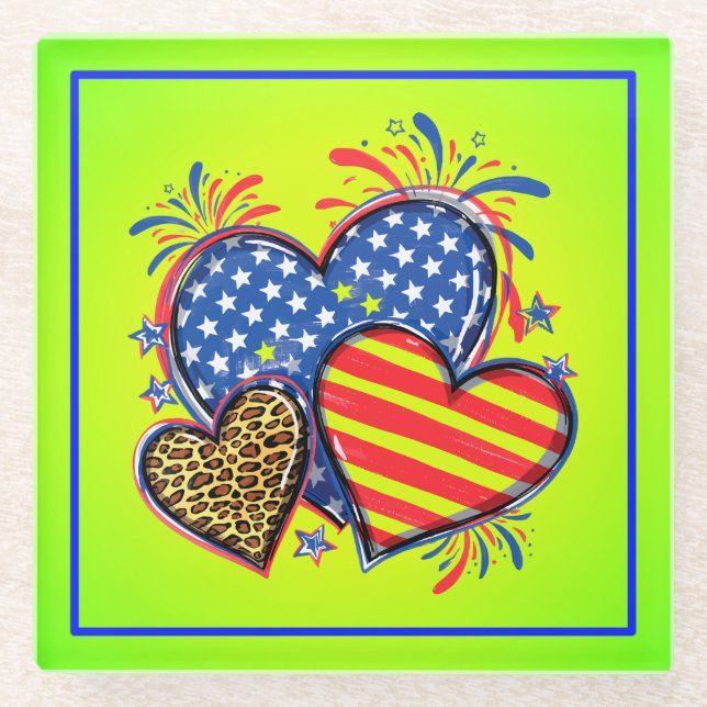 Amerikanische Flagge Herz Leopard Sublimation-6421 Glasuntersetzer (Vorderseite)