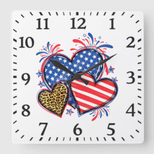 Amerikanische Flagge Herz Leopard Sublimation-6421 Quadratische Wanduhr