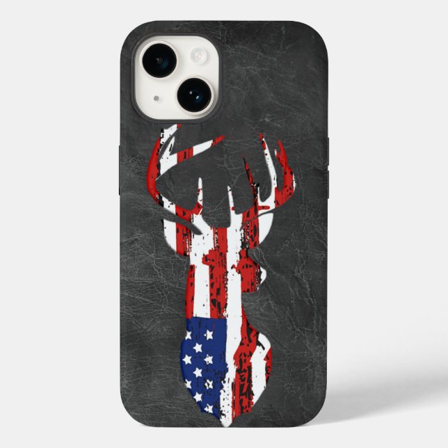 Amerikanische Flagge Hirsch auf Leder Case-Mate iPhone 14 Hülle (Rückseite)
