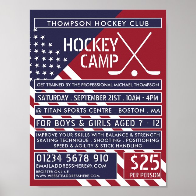 Amerikanische Flagge, Hockey Camp-Werbung Poster (Vorne)