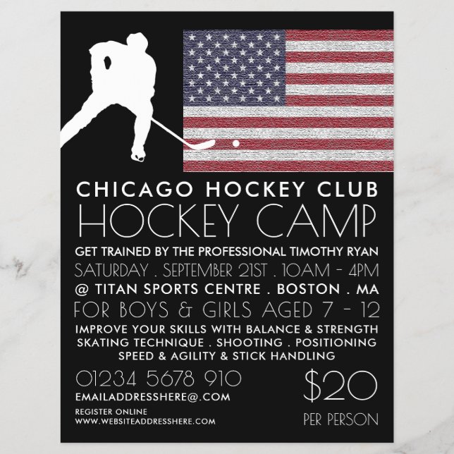Amerikanische Flagge, Hockey-Spieler, Camp-Werbung Flyer (Vorne)