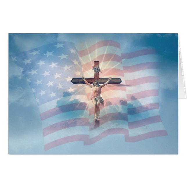 Amerikanische Flagge Jesus auf Kruzifix-Wolken (Vorderseite (Horizontal))