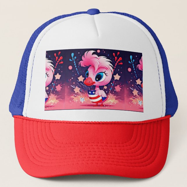Amerikanische Flagge mit Flamingo-Cartoon-69216 Truckerkappe (Vorderseite)