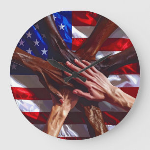 Amerikanische Flagge mit Händen verschiedener Amer Große Wanduhr