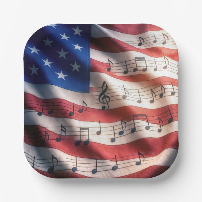 Amerikanische Flagge mit Noten Pappteller (Vorderseite)