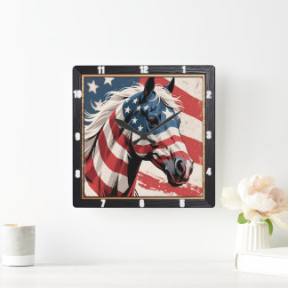Amerikanische Flagge Patriotisches Pferd Quadratische Wanduhr