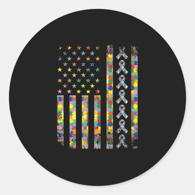 Amerikanische Flagge Puzzle Piece Ribbon Cool Auti Runder Aufkleber (Vorderseite)