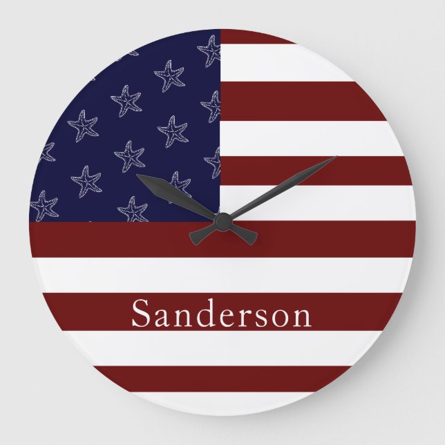 Amerikanische Flagge Red White Blue Starfish Große Wanduhr (Vorderseite)