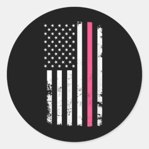 Amerikanische Flagge rosa Linie für Brustkrebs Runder Aufkleber