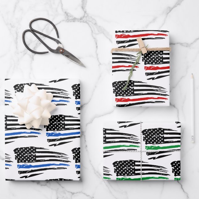 Amerikanische Flagge Rot blaugrüne Polizei Feuer M Geschenkpapier Set (Vorderseite)