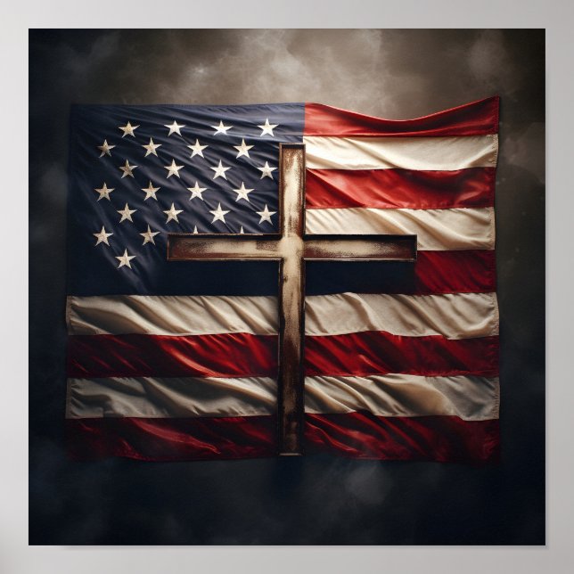 Amerikanische Flagge über Christliches Kreuzplakat Poster (Vorne)