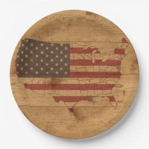 Amerikanische Flagge über rustikales Holz USA P Pappteller