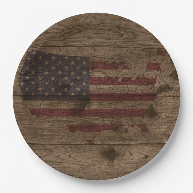Amerikanische Flagge über rustikales Holz | USA Pa Pappteller (Vorderseite)